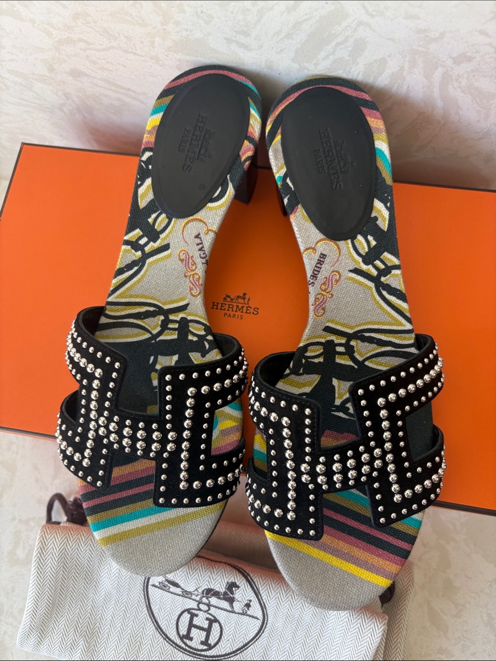 Studded Black Slide Sandals with Multicolor Stripes - Picture 4 of 6